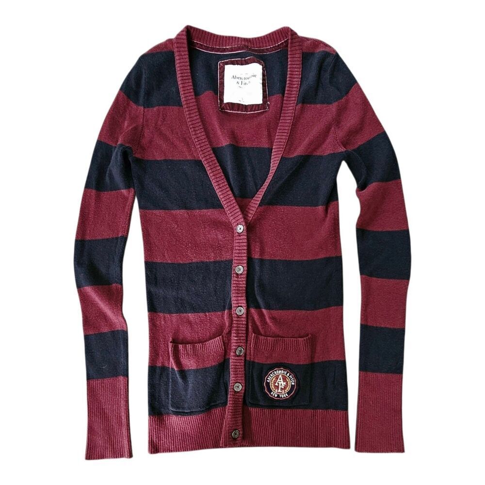 Vtg Y2K Abercrombie & Fitch Striped Knit Long Cardigan Maroon Blue Size Small